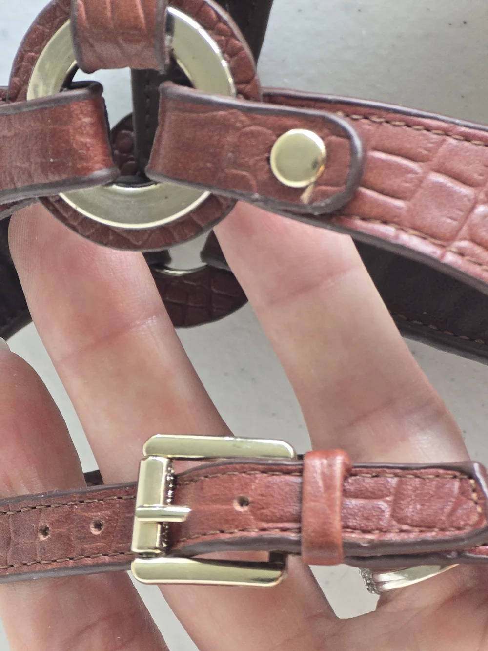 Vince Camuto | Averie Warm Brown Croc-Embossed Sandals with Gold Accents